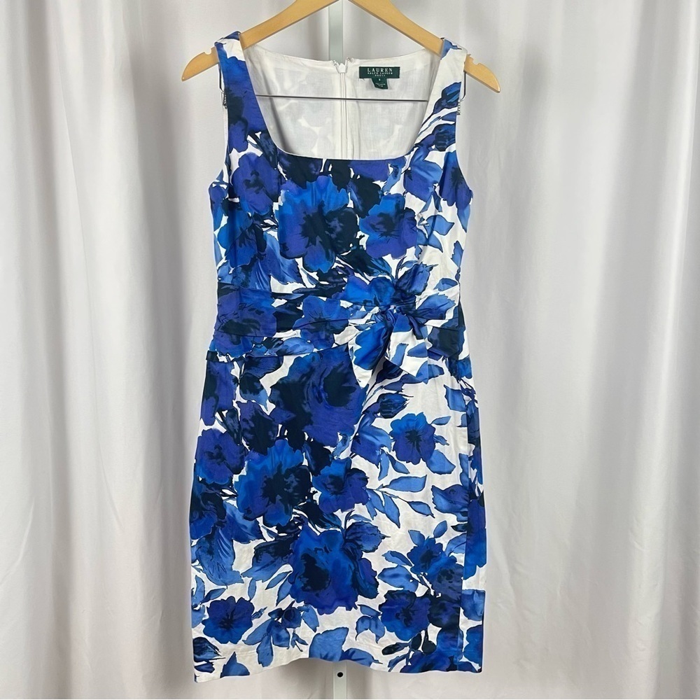 Lauren Ralph Lauren 8 Floral Square Neck Bow Sheath Dress Tropical Watercolor